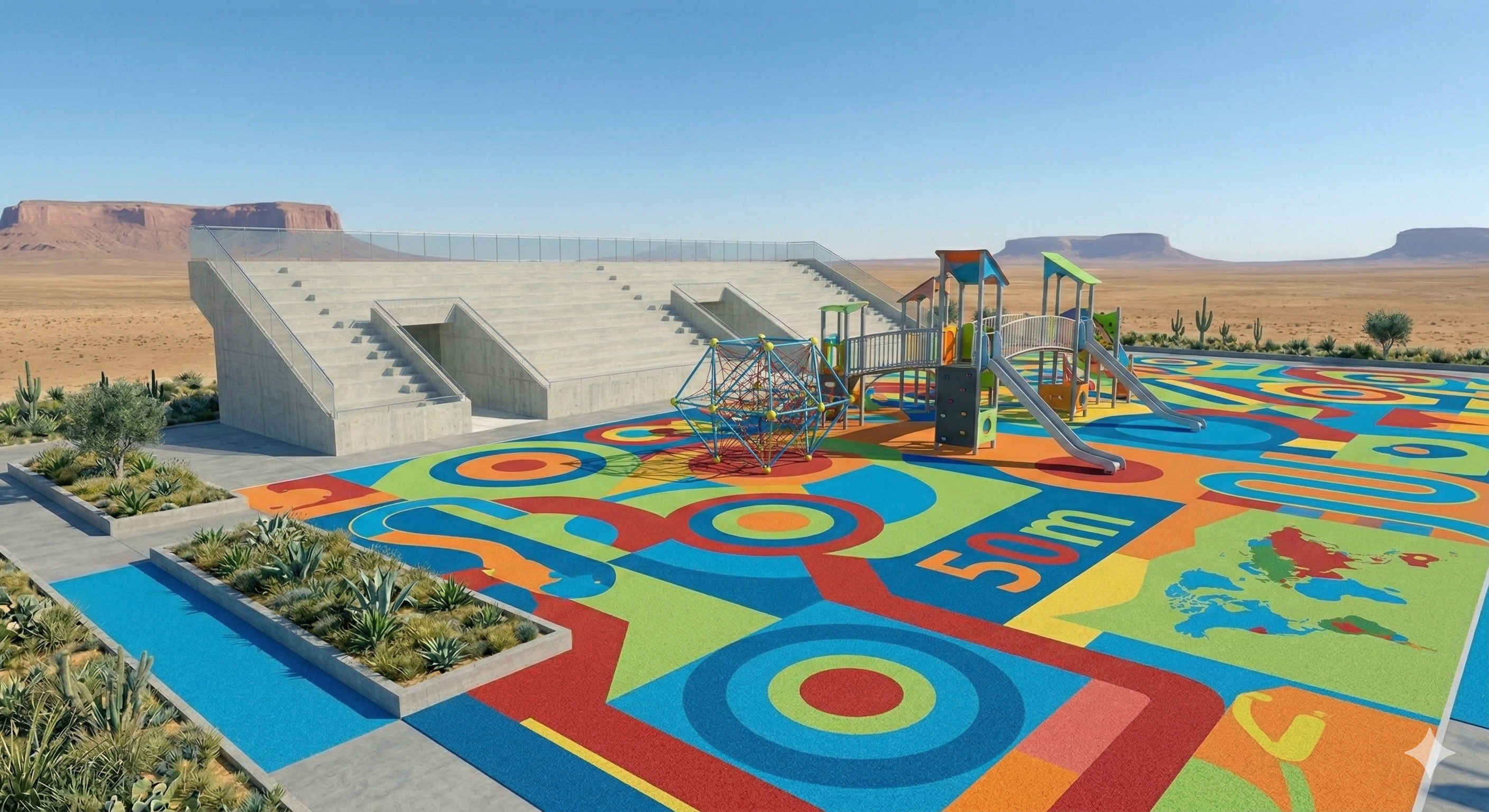 Children's play area safety surface and equipment layout
